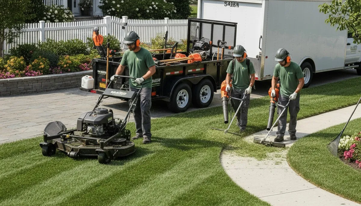 Lawn care service team maintaining a Baton Rouge, LA property for a healthy, well-kept yard