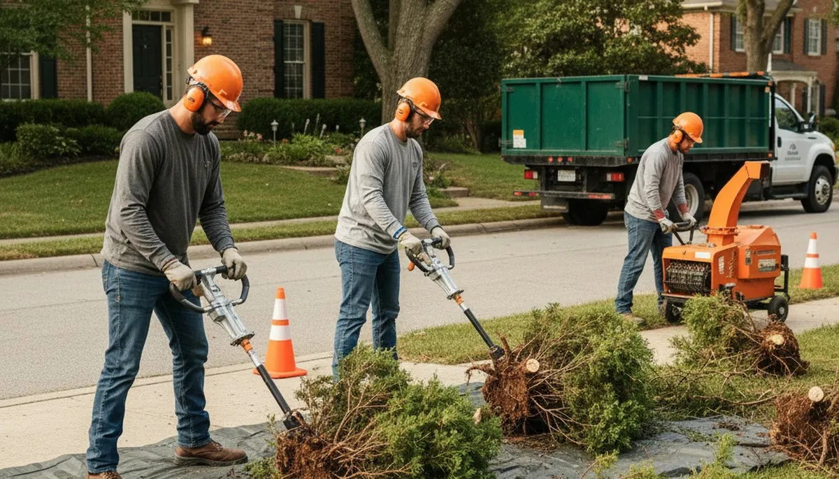 Baton Rouge, LA shrub removal crew clearing overgrown shrubs for safer, cleaner yards