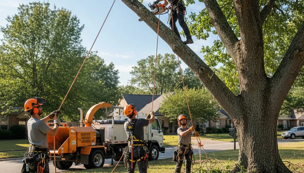 Baton Rouge tree removal crew safely removing a storm-damaged tree from a residential property