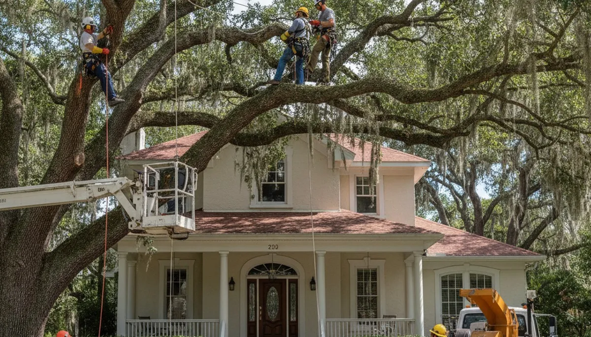 Tree service crew removing a tree in Baton Rouge, LA for safe property maintenance