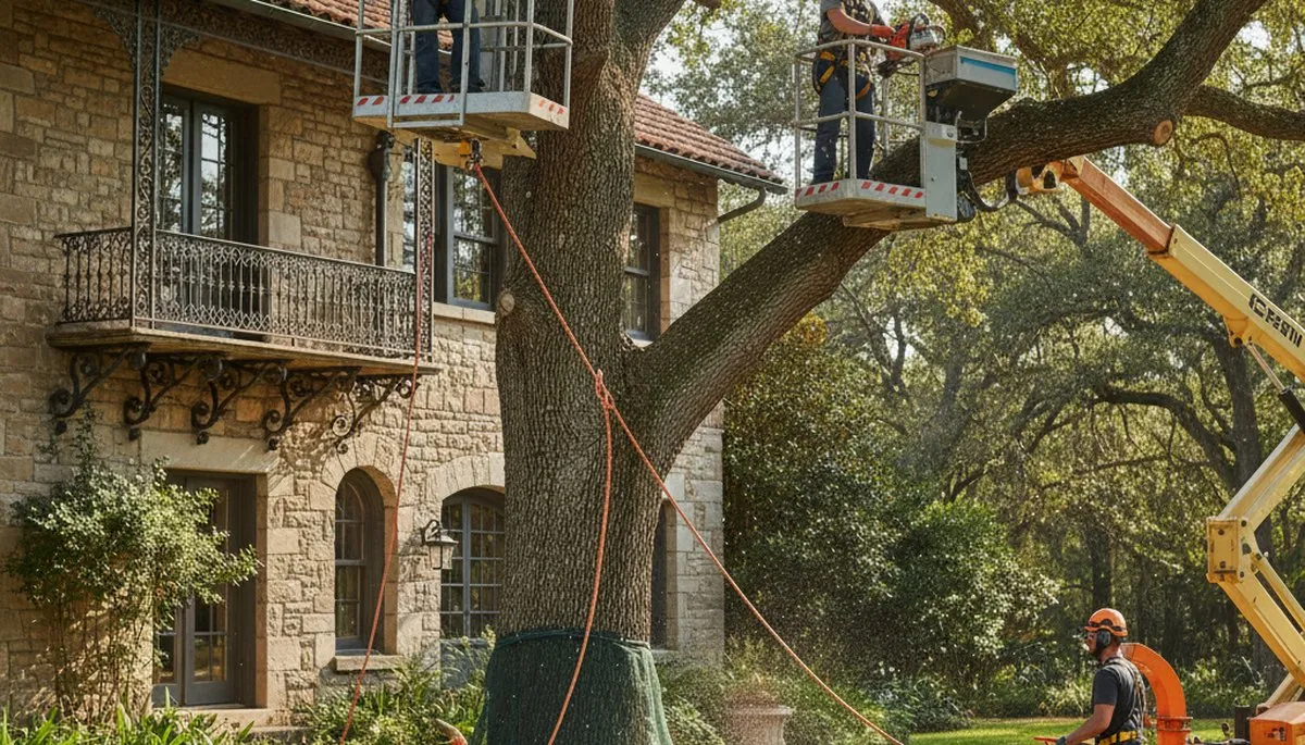 Tree service crew in Baton Rouge, LA performing professional tree removal near a home