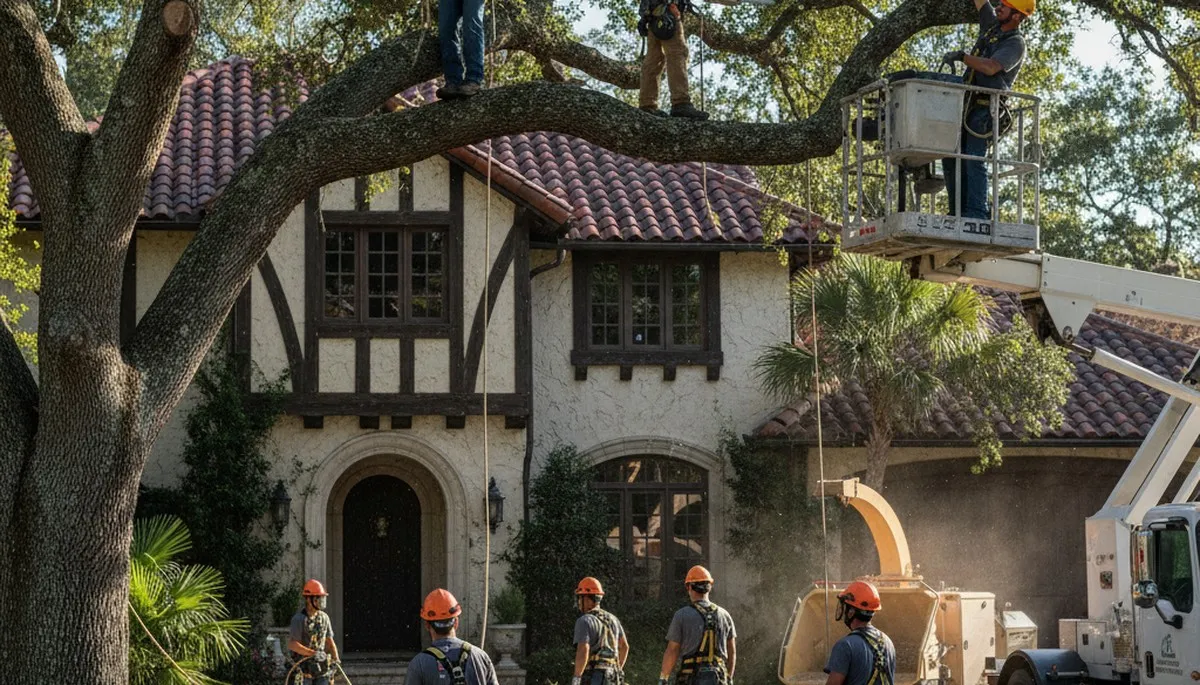 Professional tree service crew in Baton Rouge, LA removing a tree on a commercial property